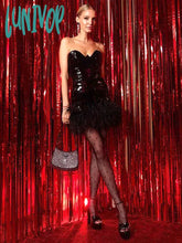 Lunivop Women Summer Style Sexy Strapless Backless Feather Mesh Sequins Glitter Black Bodycon Dress